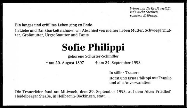 Schindler Sofie 1897-1993 Todesanzeige